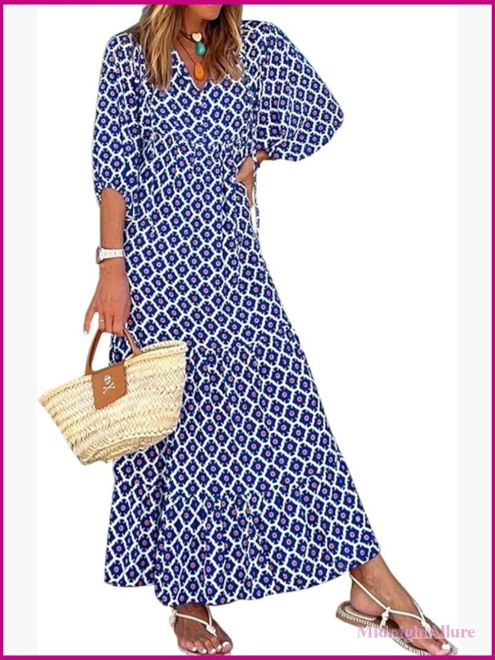 Loose Fit V Neck Maxi Dress Bohemian Geometric Pattern Summer